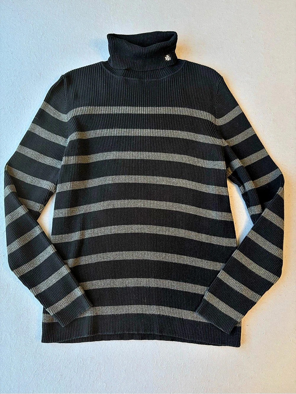 Lauren Ralph Lauren Striped Cotton Turtleneck in Black & Charcoal Large